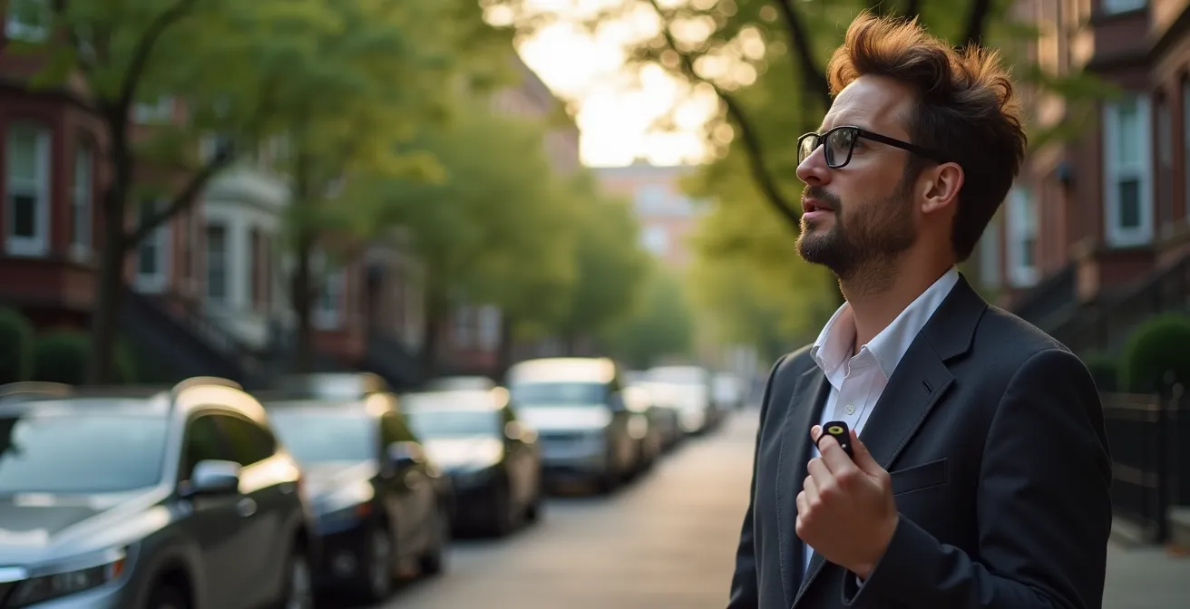 Tree-lined residential street in The Annex showing limited parking spaces