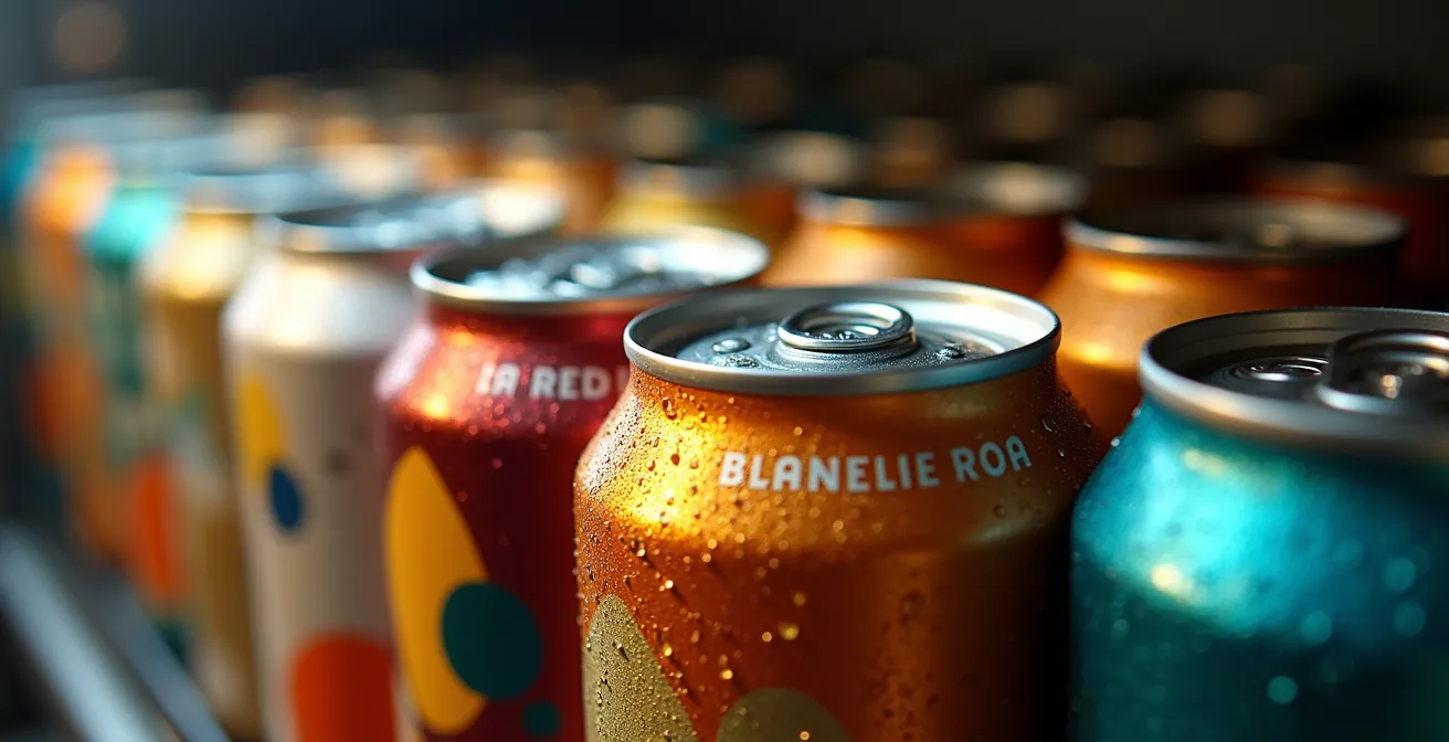 Close-up macro shot of colorful craft beer cans in a brewery refrigerator