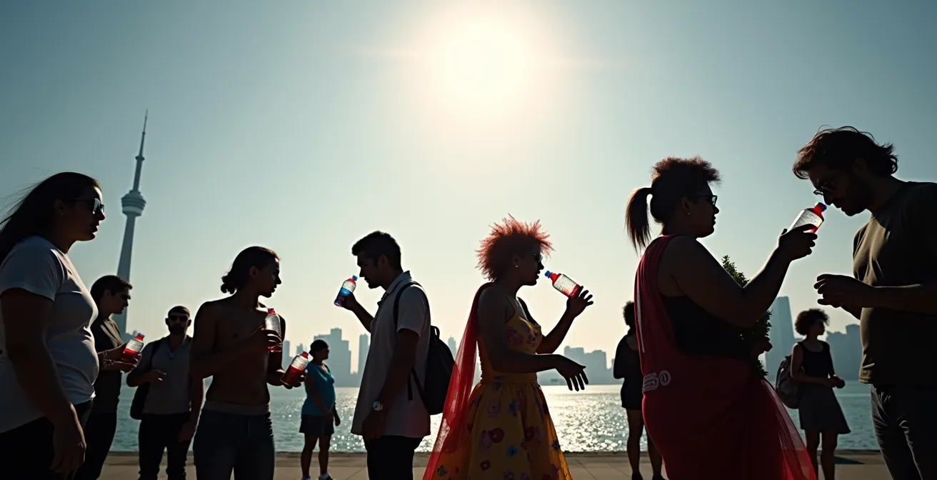 Masqueraders refreshing at water stations along the Toronto Caribbean Carnival parade route
