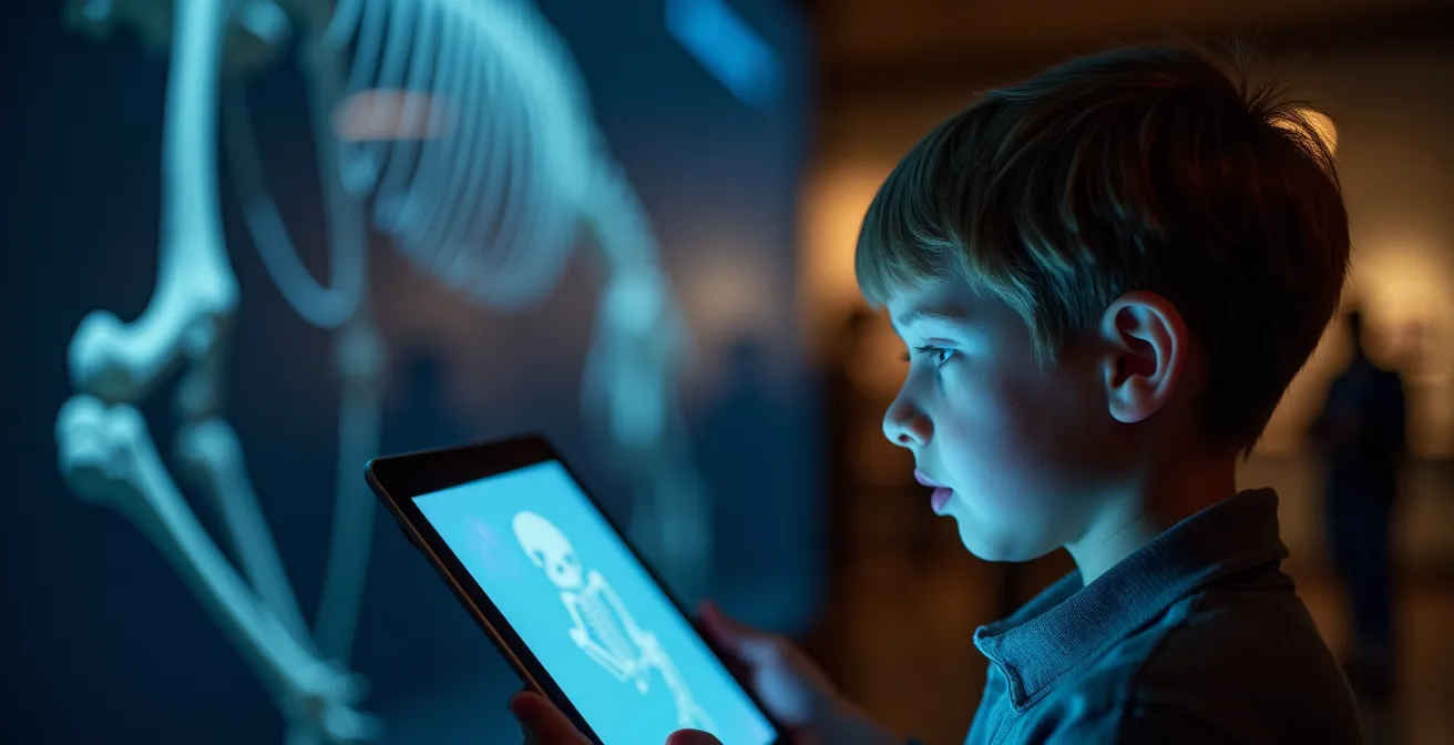 A child holding a tablet towards a dinosaur skeleton as a digital overlay on the screen reveals what the living creature looked like.