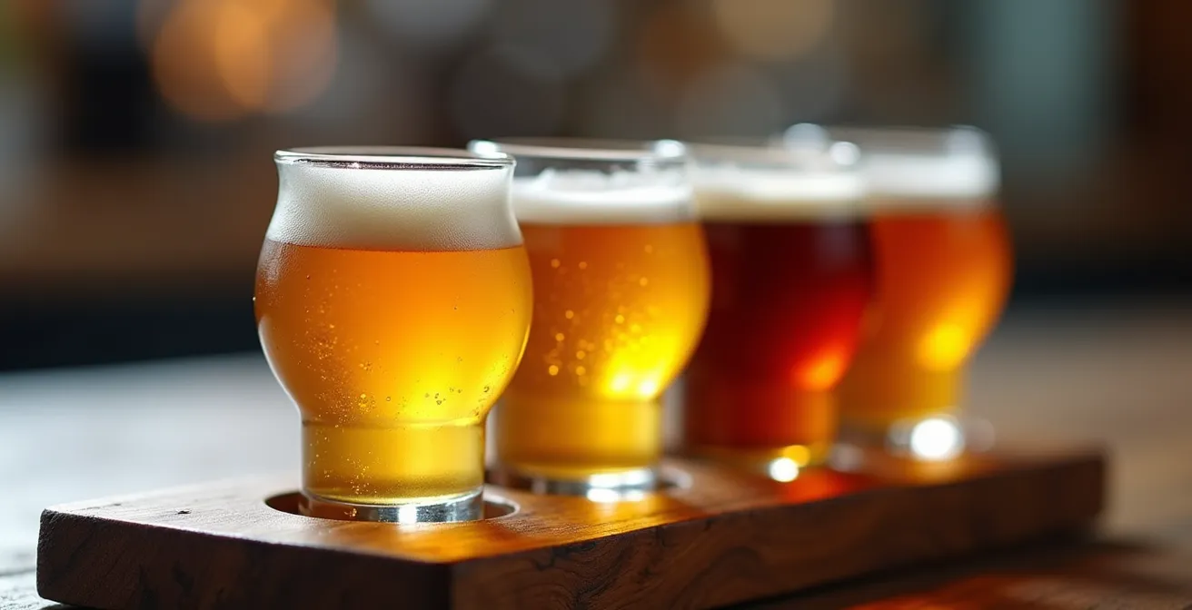 Close-up of craft beer tasting flight with golden amber colors and foam textures