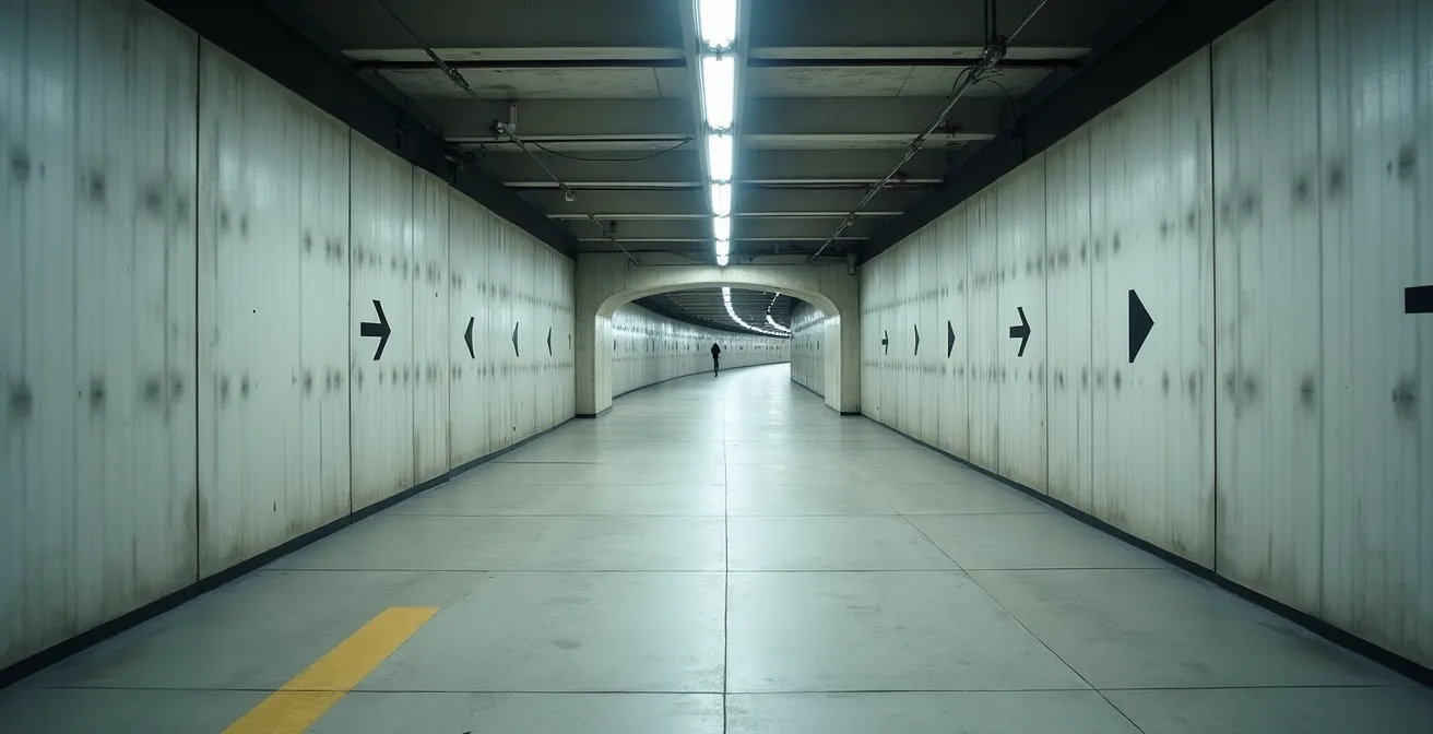 Underground pedestrian tunnel system with multiple levels and directional wayfinding patterns
