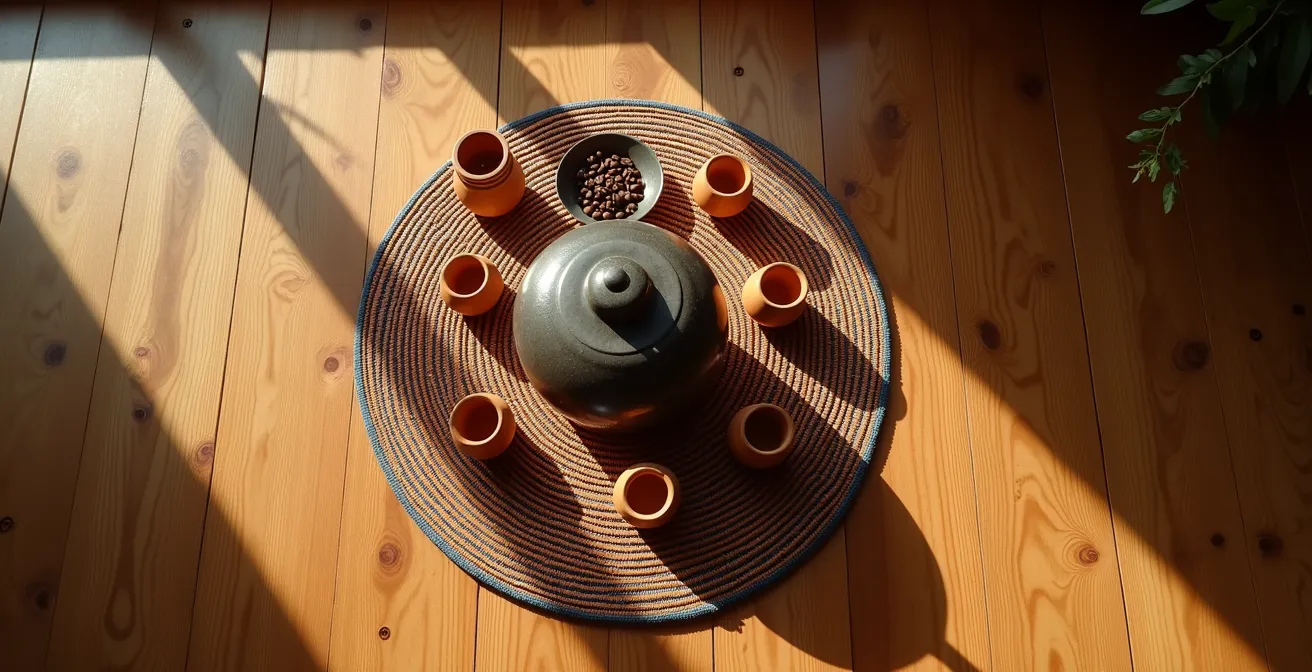 Traditional Ethiopian coffee ceremony with roasting pan and small cups arranged on woven mat