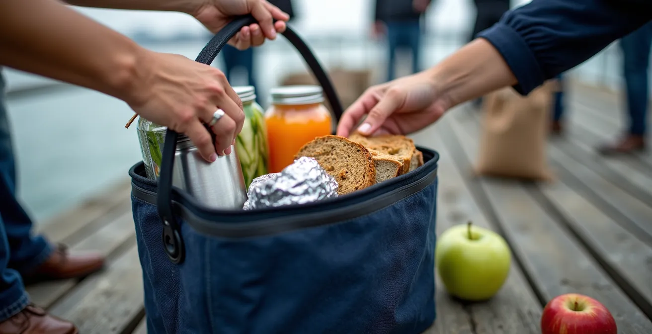 Close-up of hands organizing a compact cooler with sandwiches and fruit at Toronto ferry dock