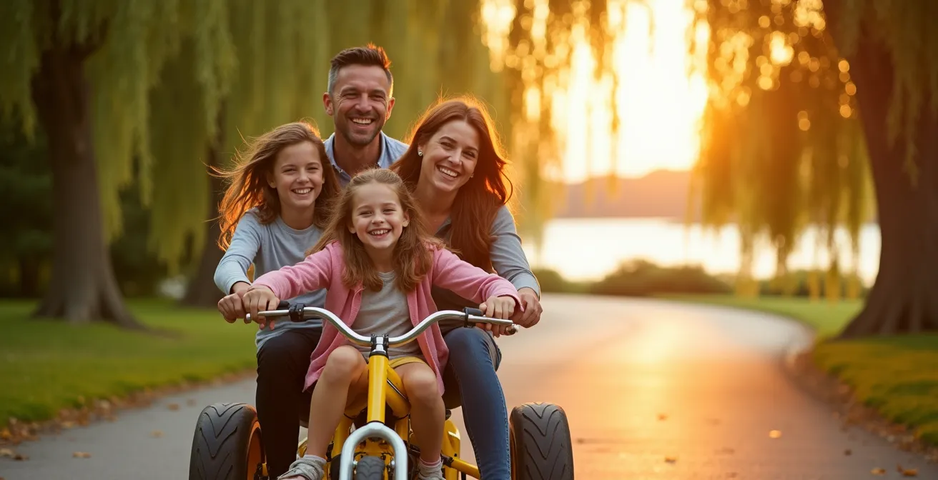 Family of four riding a bright yellow quadcycle along tree-lined path on Toronto Island