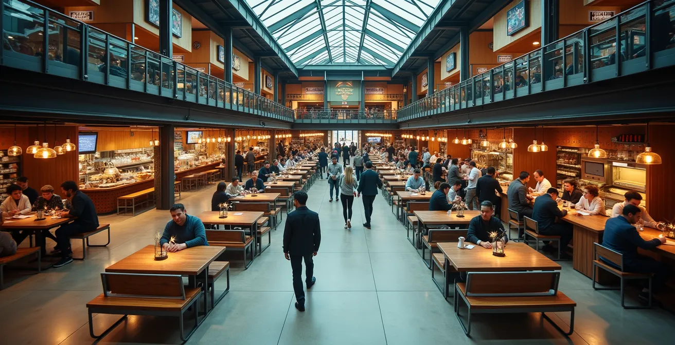 Aerial view of busy Toronto food hall during lunch hour showing seating areas and vendor queues
