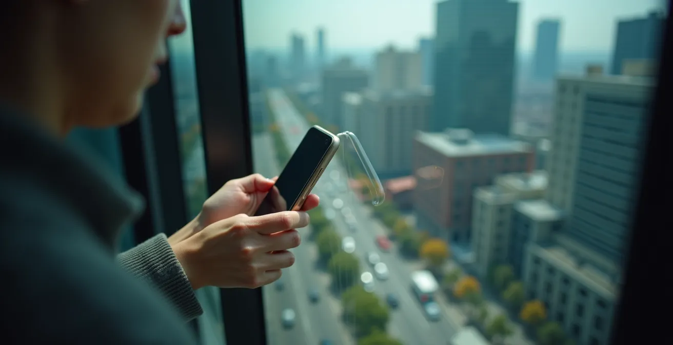 Photographer demonstrating glare-reduction technique at CN Tower glass floor