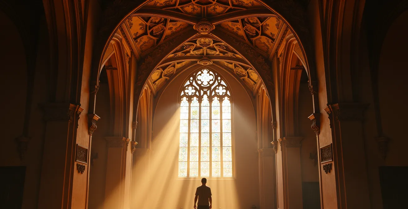 Architectural detail of Gothic Revival hammer-beam ceiling with warm natural light