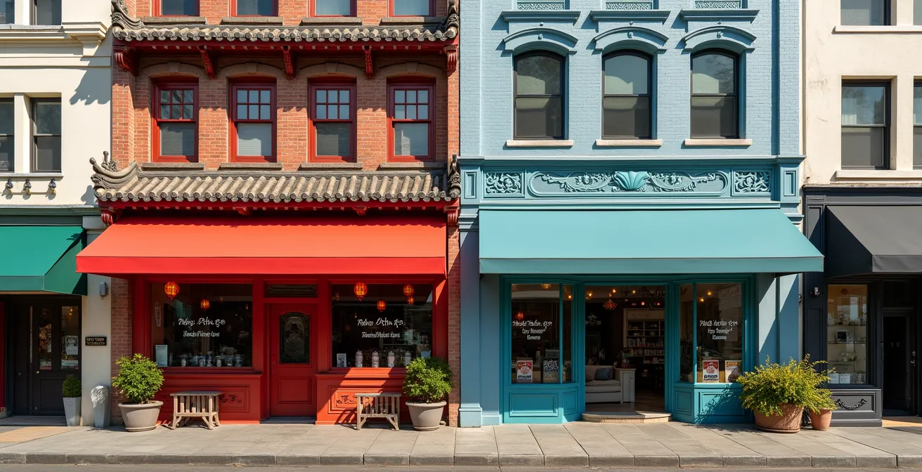Split composition showing ornate Chinese heritage buildings with traditional rooflines alongside modern Korean storefronts along Bloor Street West