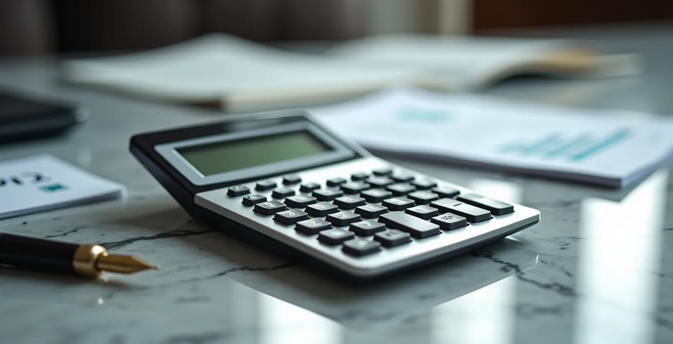 Close-up of calculator and hotel expense breakdown on marble hotel lobby desk surface