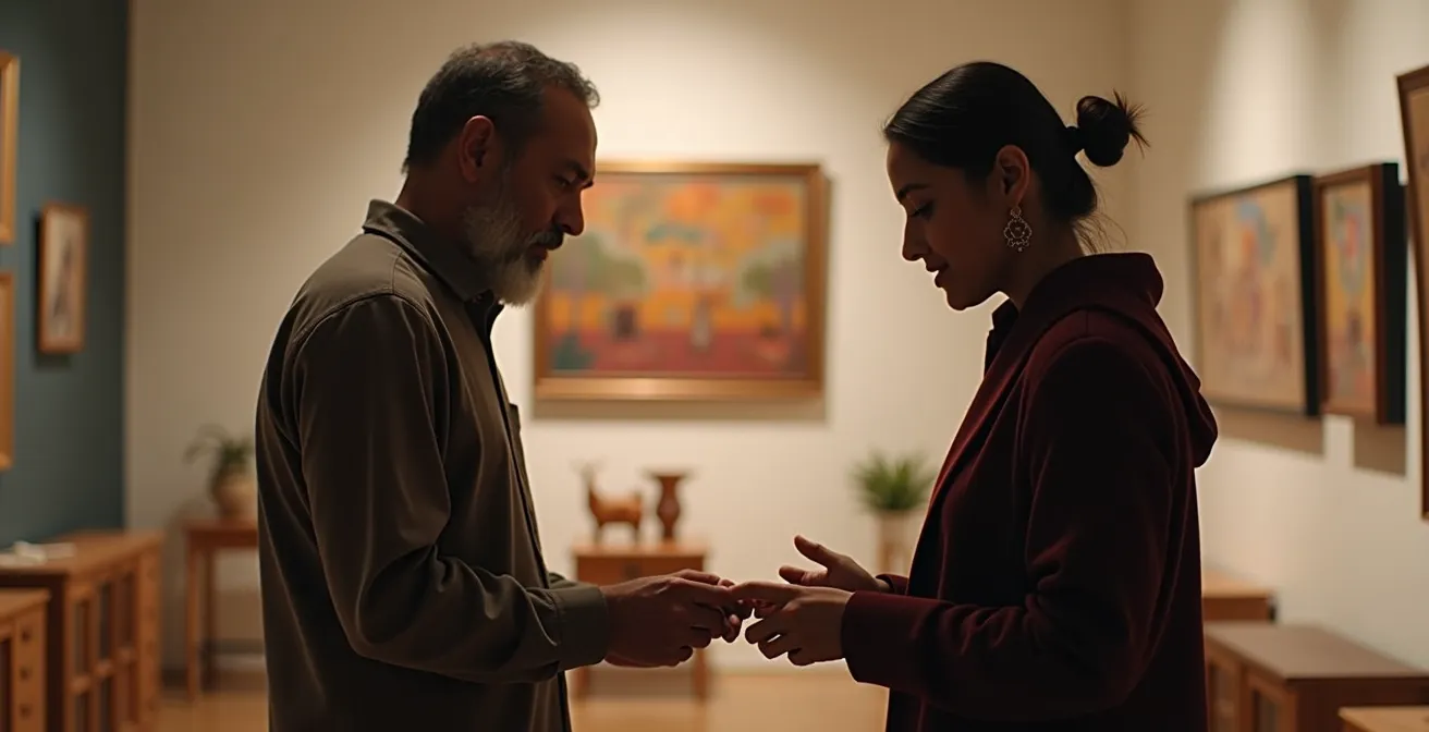 Respectful interaction between an Indigenous artist and a visitor discussing artwork in a gallery setting