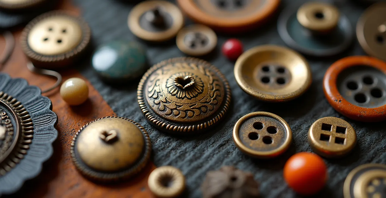 Close-up macro shot of vintage buttons, beads, and textile details in rich colors
