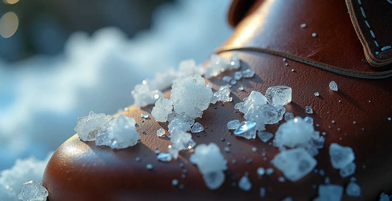 Extreme close-up of white salt crystals forming patterns on dark leather boot surface