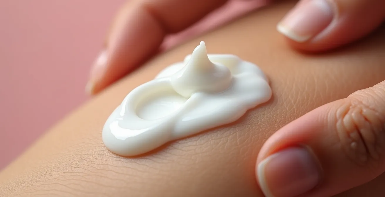 Extreme close-up of rich winter moisturizer texture being applied to skin