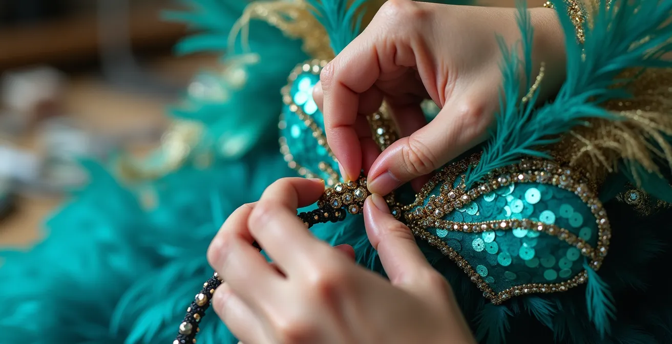 Artisans working on elaborate carnival costumes with feathers and sequins in a Toronto mas camp workshop