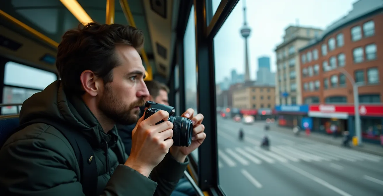 Photographer stabilizing camera on moving double-decker bus with CN Tower in background