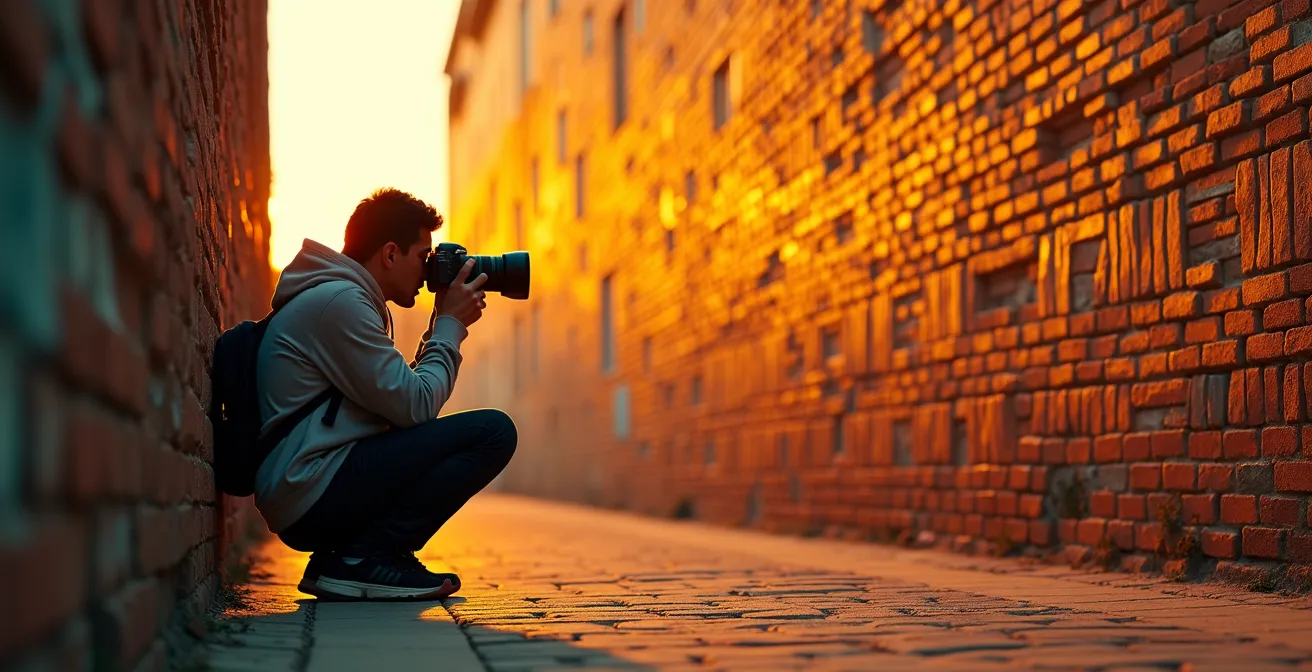 Professional photographer with camera capturing vibrant wall art during golden hour in urban alley