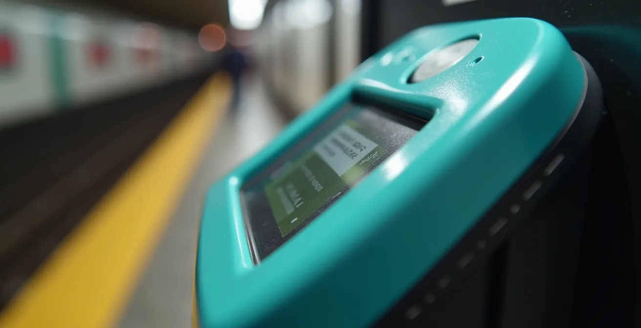 Close-up of PRESTO payment terminal at TTC subway station showing contactless payment zone