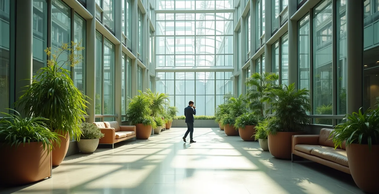 Serene indoor atrium space with natural light and modern seating areas for business professionals