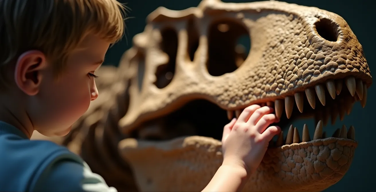 Close-up of child's hand touching a T-rex tooth replica in the ROM dinosaur gallery