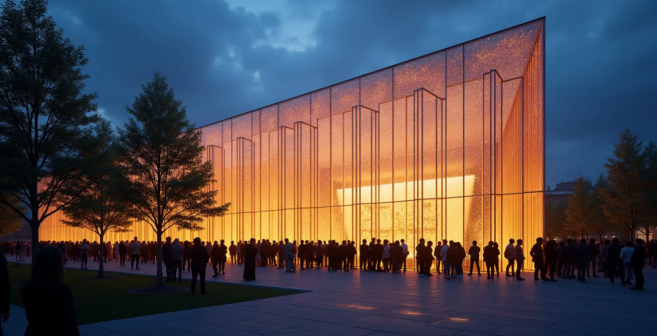 Evening view of ROM's illuminated Crystal with visitors queuing outside