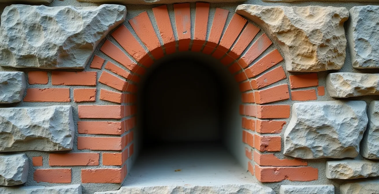 Sealed stone archway in Victorian building foundation showing traces of former utility tunnel entrance
