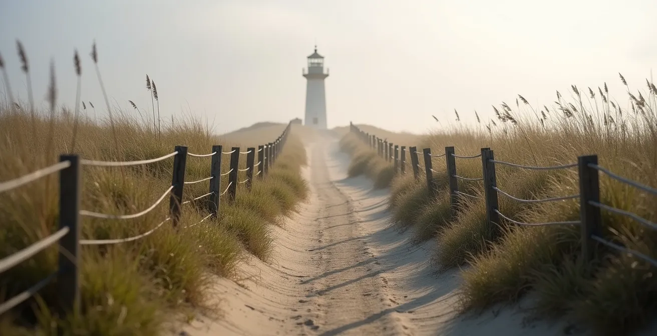 Hidden dirt trail winding through tall grasses near Gibraltar Point Lighthouse