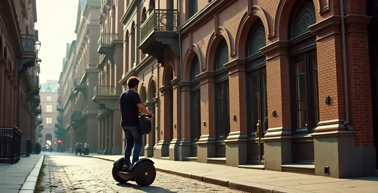 Segway riders gliding past Victorian brick buildings with focus on architectural details at second-story level
