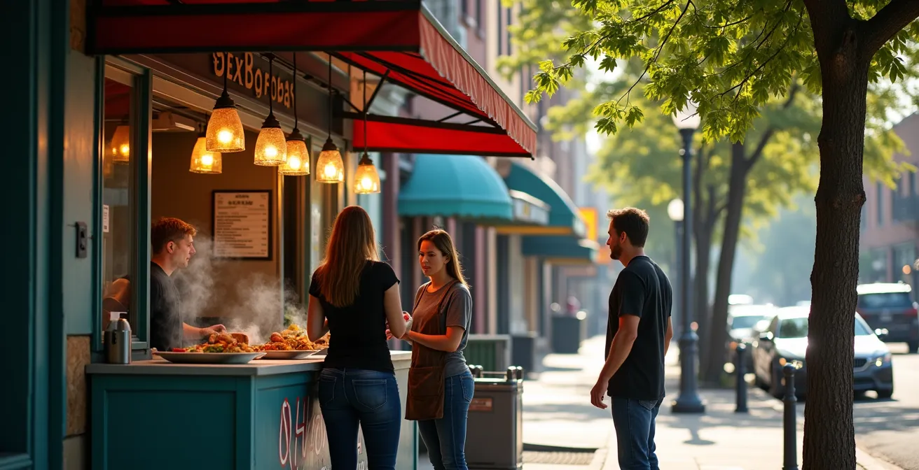 Quiet afternoon at Seven Lives Tacos stand with short customer line