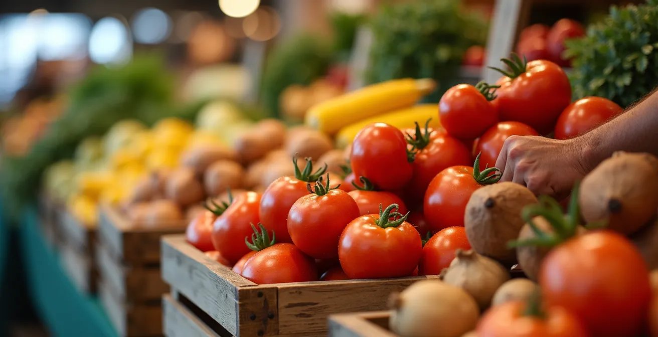 Macro shot of vibrant fresh vegetables and seasonal produce displayed at wooden market stalls with farmers' hands arranging items