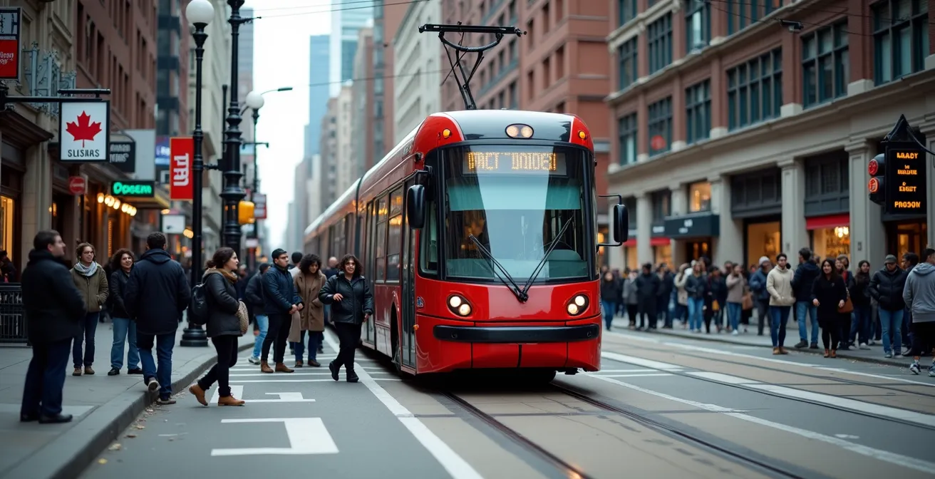 Toronto's iconic red streetcar traveling along Queen Street with diverse neighborhood storefronts and pedestrians