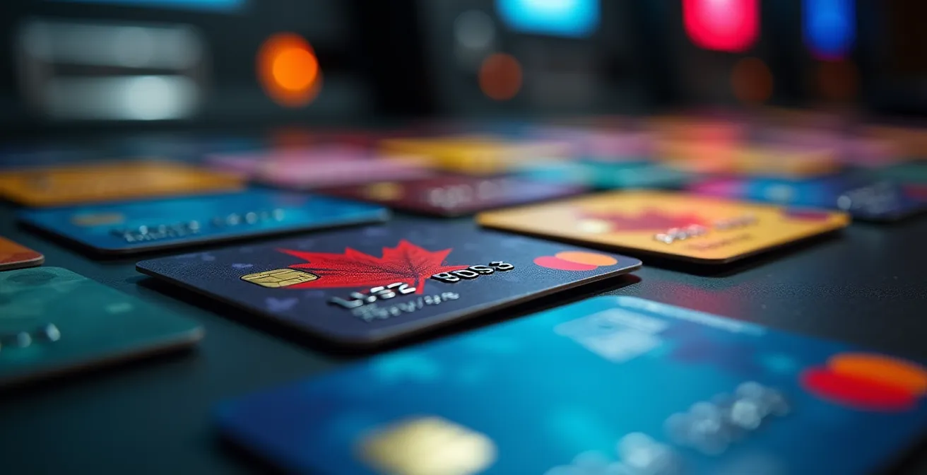 Macro close-up of Canadian bank cards with blurred ATM screens in background showing Toronto financial district