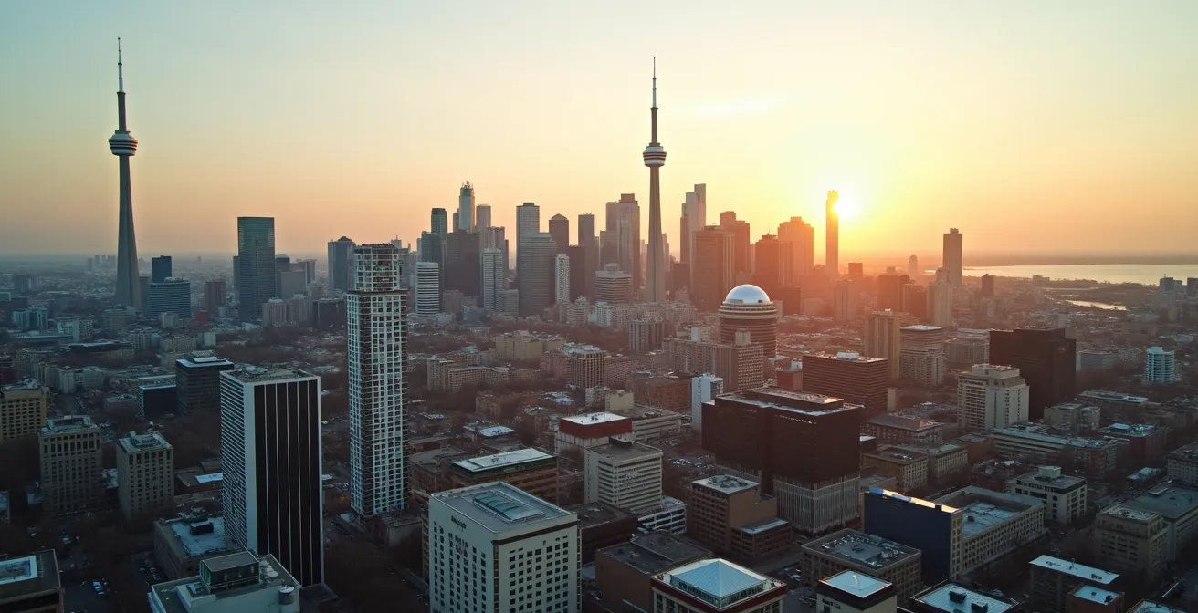 An aerial perspective of the Toronto cityscape, showing the museum in midtown and the iconic tower and aquarium by the waterfront.