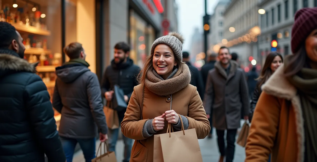 Energetic shopping crowd during major sale event with shopping bags and winter fashion