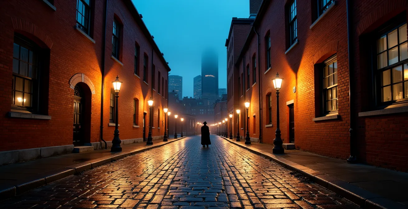 Gothic Victorian industrial buildings in Toronto's Distillery District at dusk with mysterious shadows
