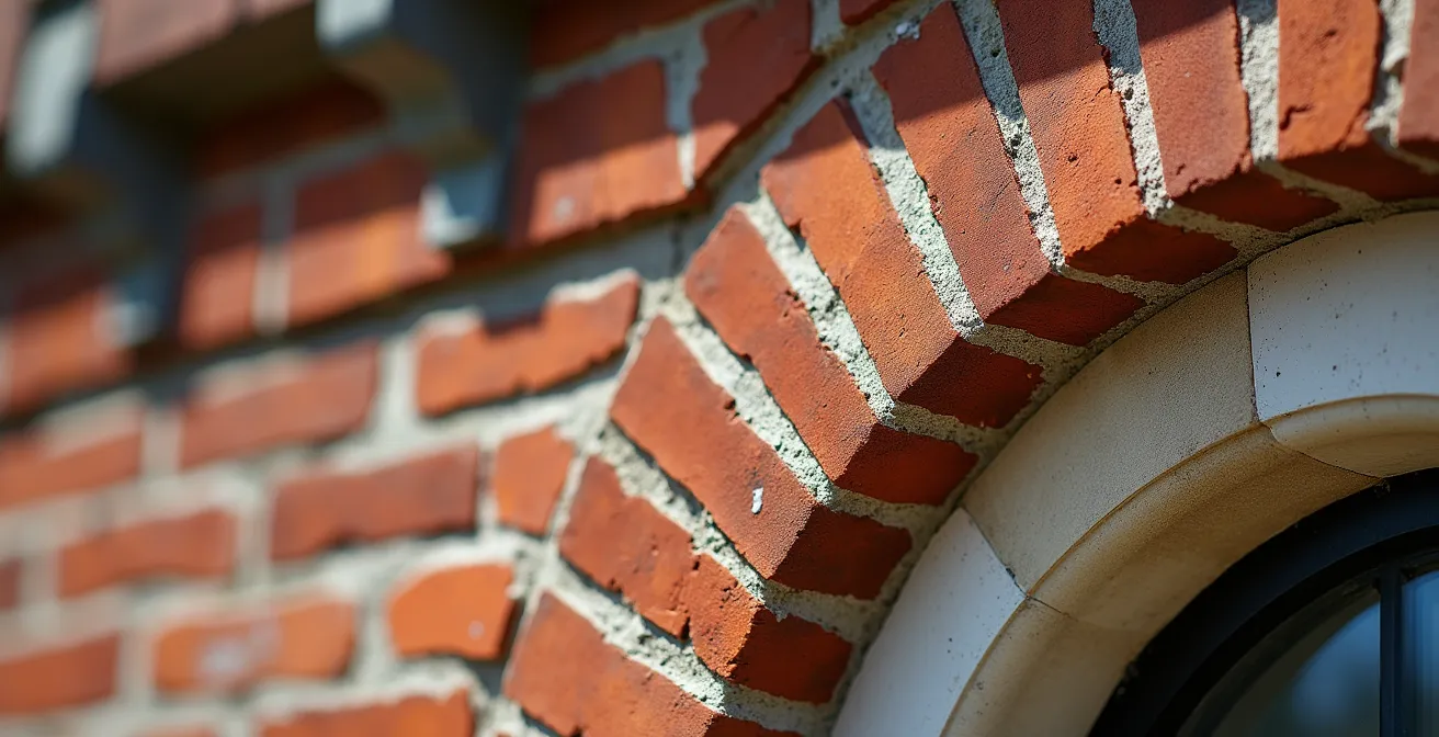 Close-up macro shot of Victorian red brick corbelling and architectural details in Distillery District