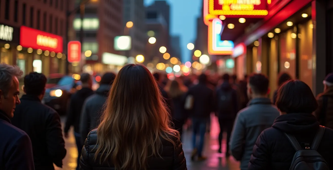 Bustling Toronto Entertainment District street scene at night with crowds leaving venues