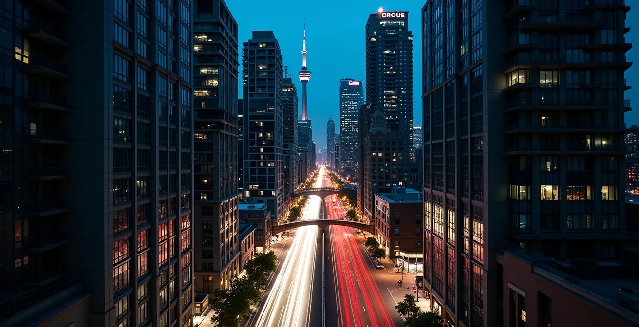 Nighttime aerial view of Toronto's Entertainment District showing illuminated condo towers and busy streets