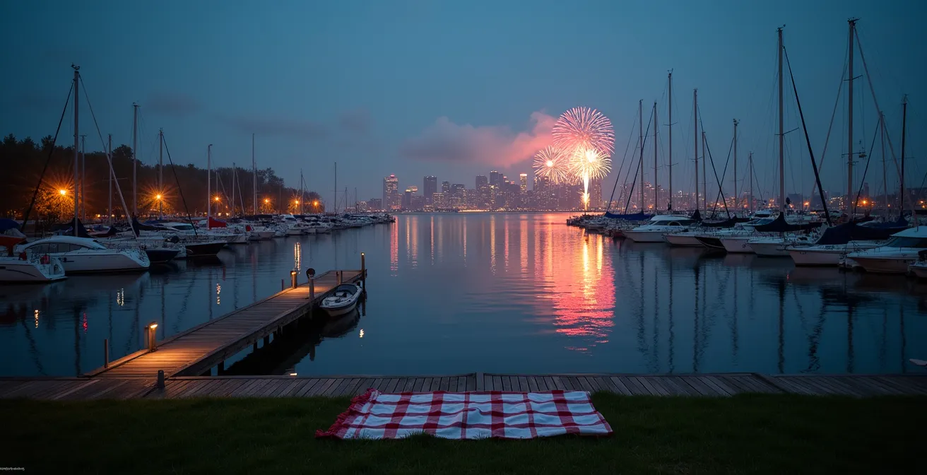 Secluded marina viewpoint with distant fireworks over Toronto skyline