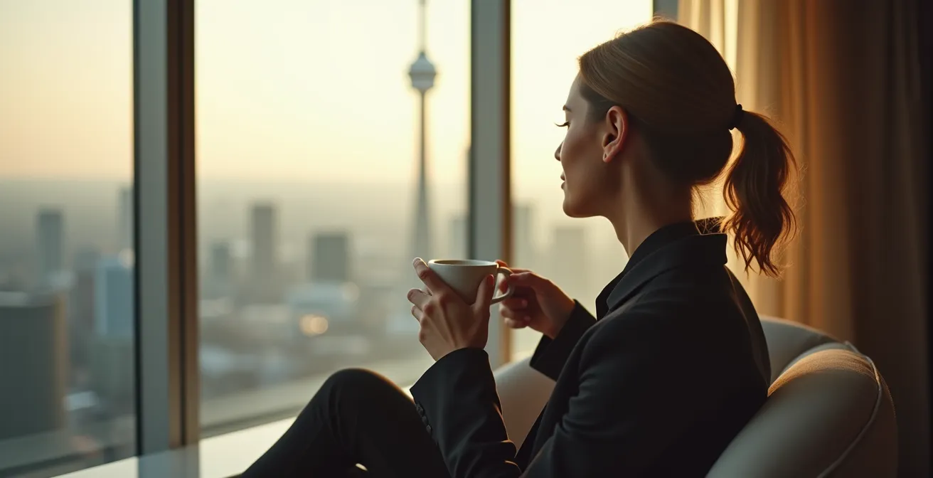 Peaceful luxury hotel room interior with morning light and distant Toronto cityscape