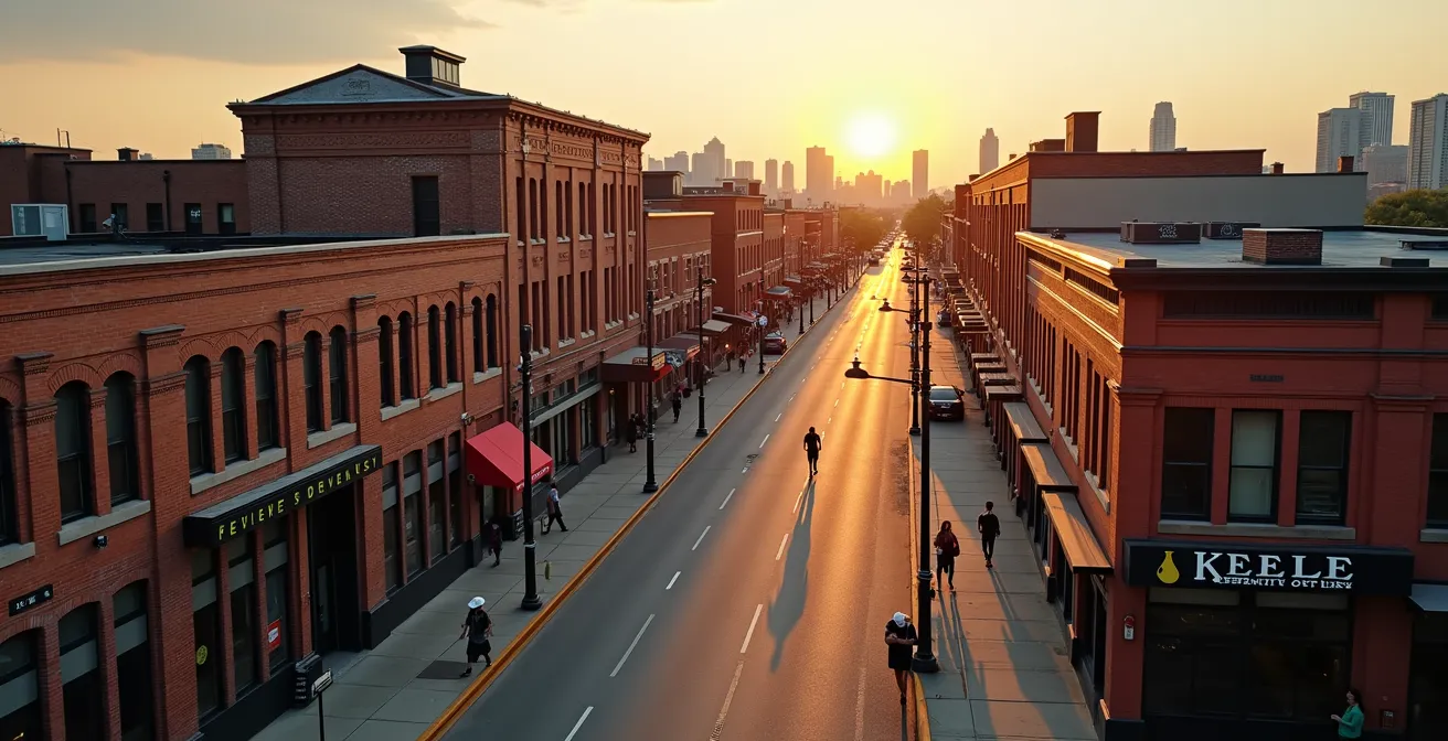 Aerial view of Keele Street brewery district with pedestrians exploring the neighborhood