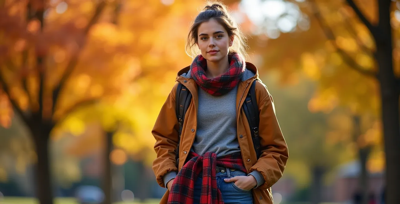 Person wearing a versatile layered outfit adaptable for Toronto's variable spring and fall weather
