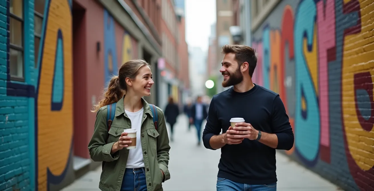Local Toronto greeter showing visitor hidden street art in Queen West neighborhood