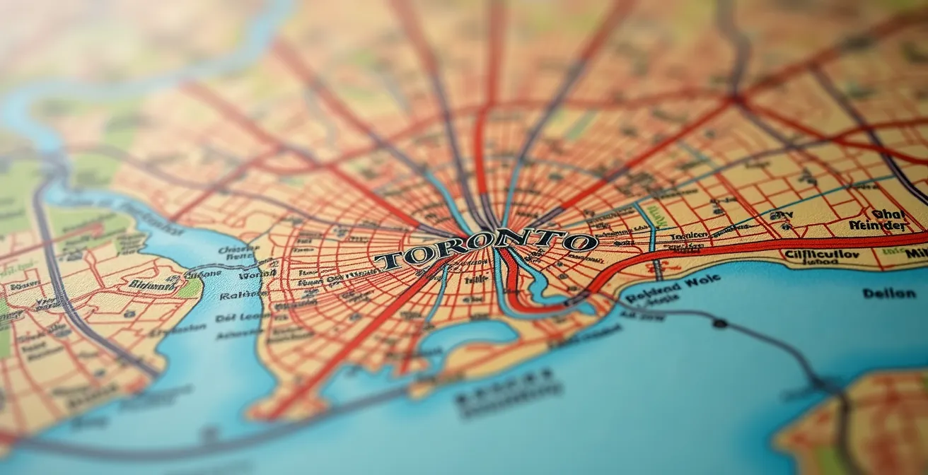 Macro texture shot of Toronto neighborhood map with lifestyle icons