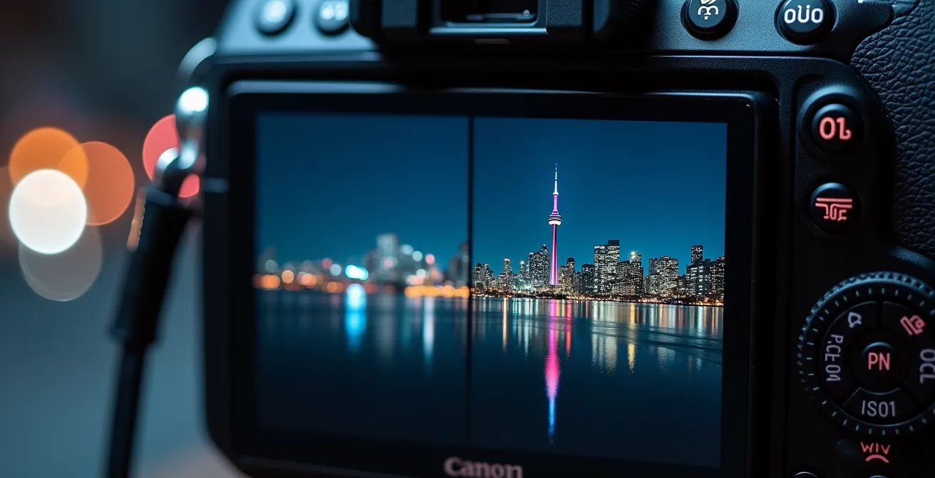 Macro detail comparison of Toronto skyline photos showing different ISO noise levels