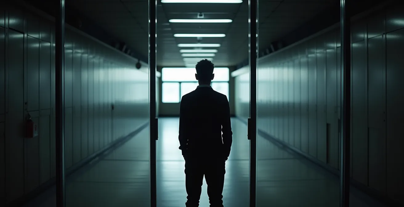 Person facing locked glass door in empty PATH corridor during weekend