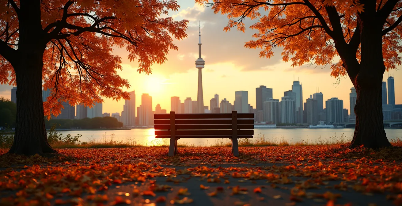 Secluded lookout point with Toronto skyline view during golden hour