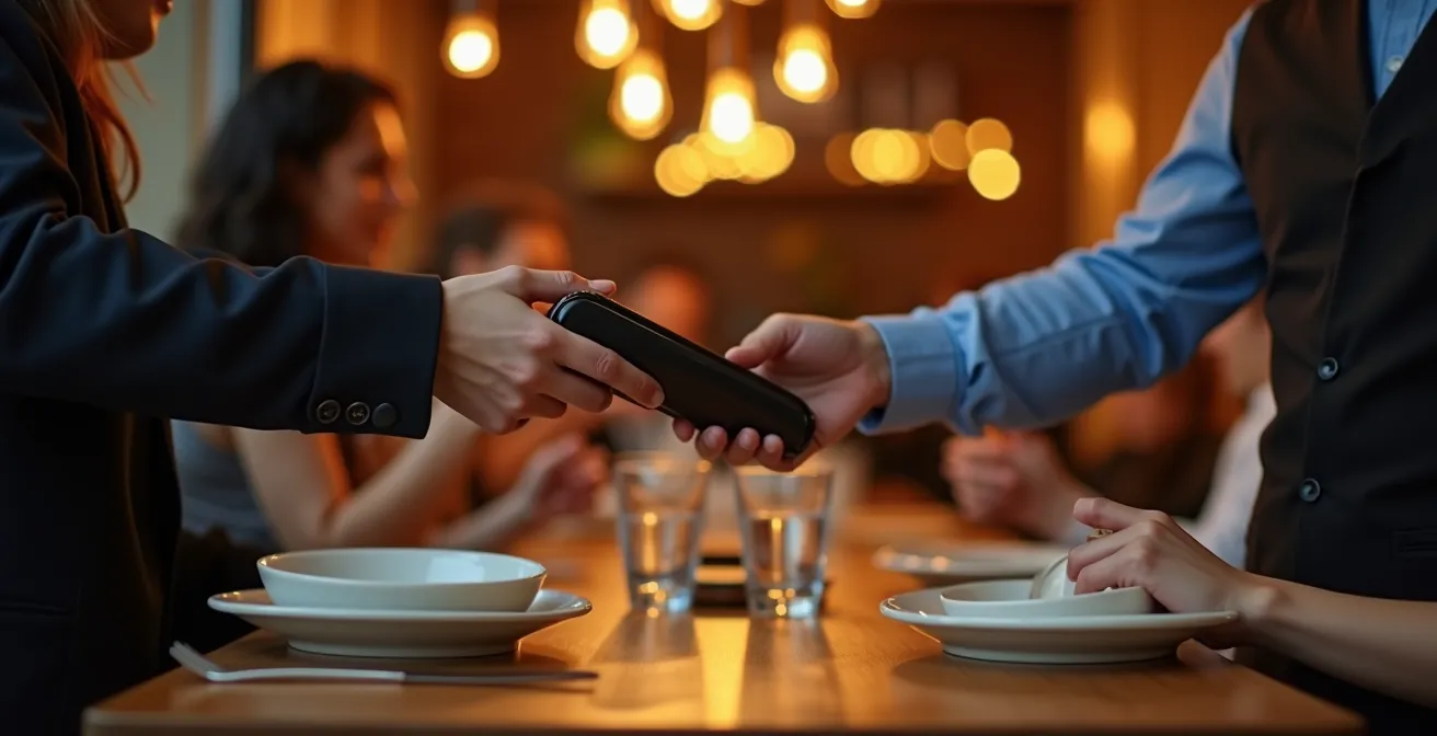 Human perspective shot of hands holding payment terminal in Toronto restaurant setting with warm ambient lighting