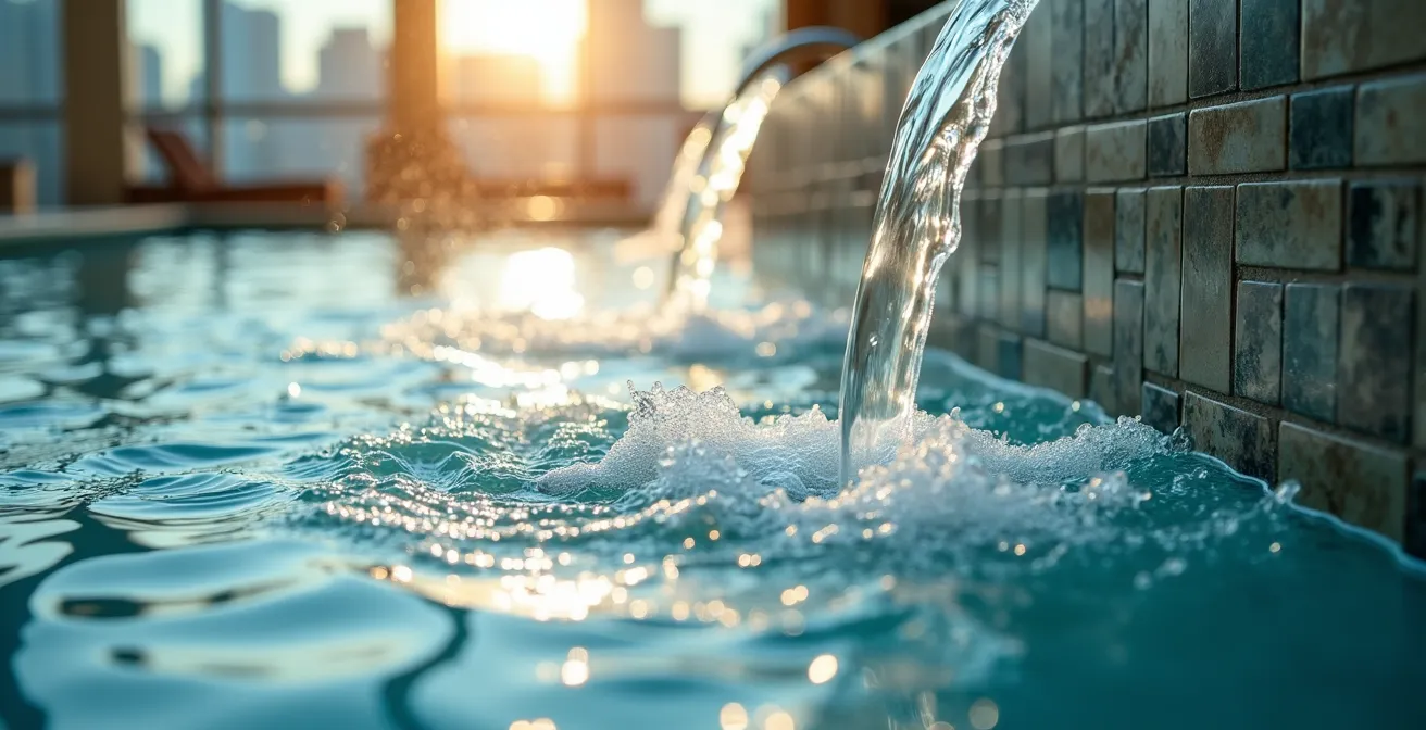Aerial view of luxury indoor pool at Toronto's Shangri-La Hotel with cascading water features