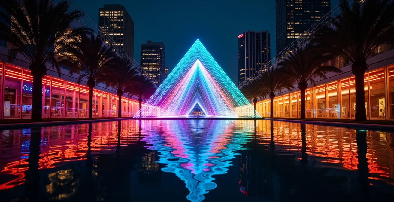 Night photography of illuminated Toronto Sign with reflections in Nathan Phillips Square pool